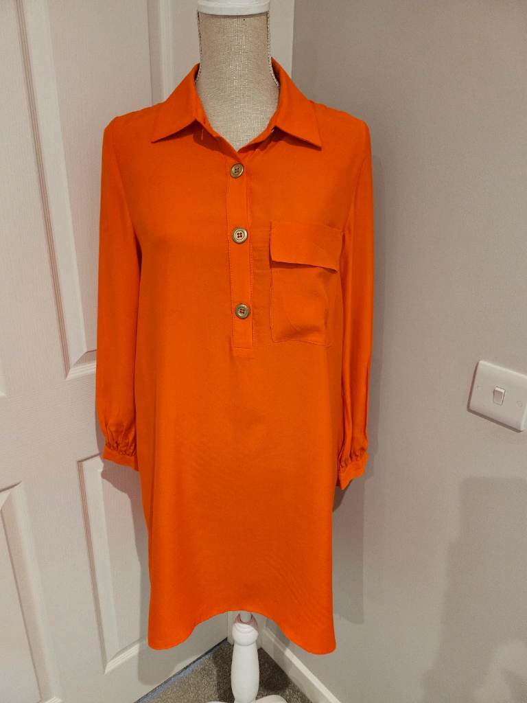 Zara Long Sleeve Colared Button Front Dress Tunic Orange Size S
