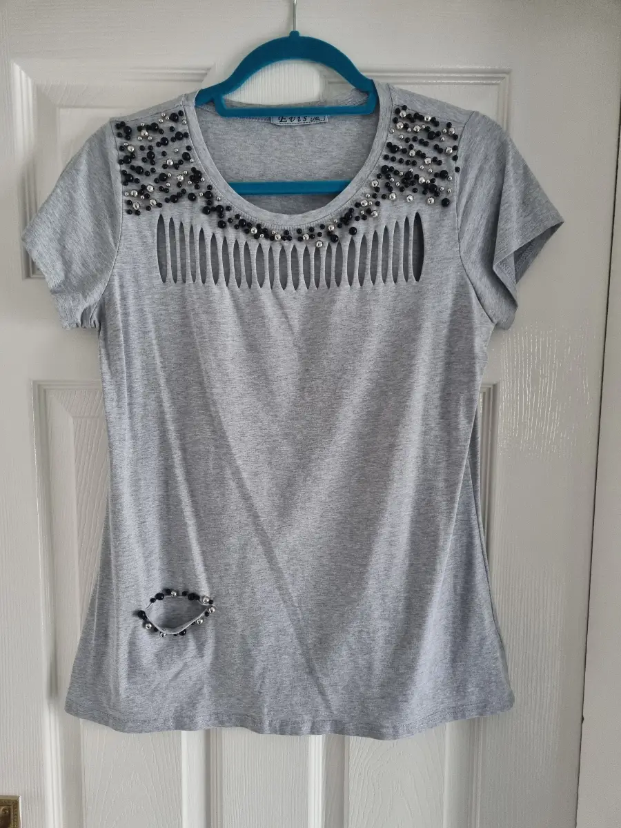 Grey T shirt With Bead Embellishments & Slash Details