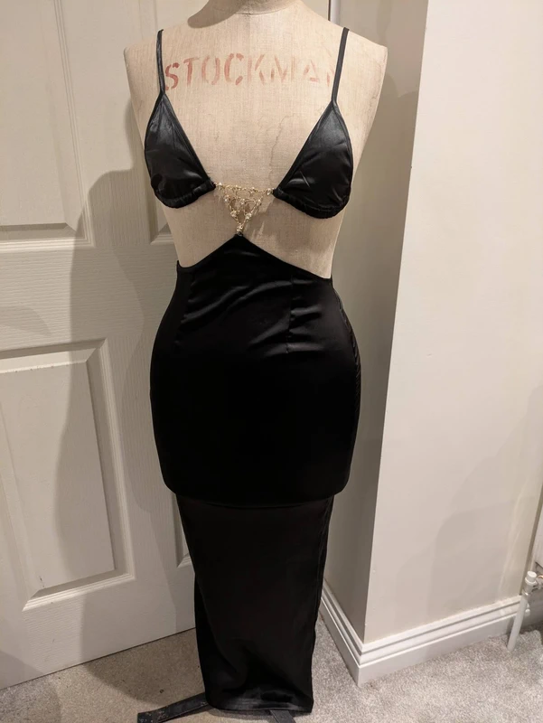 Pretty Little Thing, Size 4, Black silk feel dress with strap tie up top & jewel detail