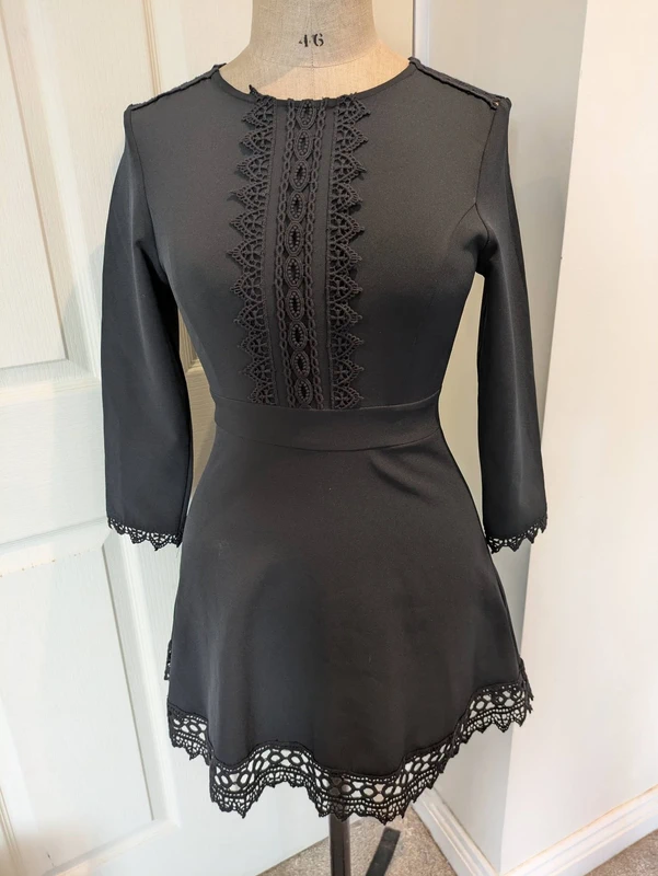 Zara - Size S - Black mini zip up fitted casual formal dress with lace features - 100% cotton