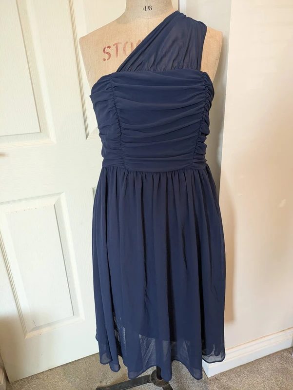 ASOS - Size 14 Bridesmaid, evening short zip up dress, dark navy blue with off shoulder sleeve