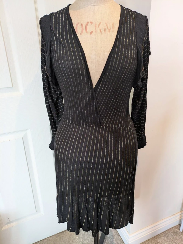 Zara Knit, size S, black and glitter gold stripped plunge long sleeve dress