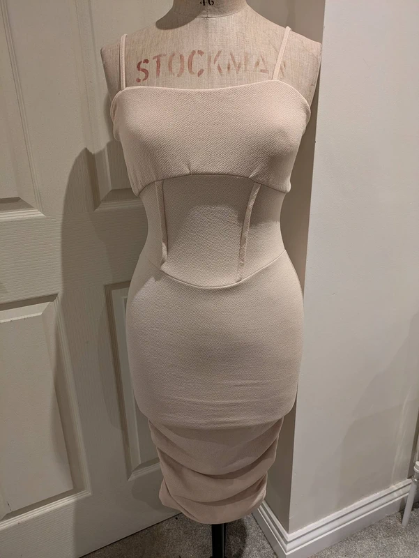 Pretty Little Thing, Size 6, Long strap ruffle beige/ cream panel bodycon dress