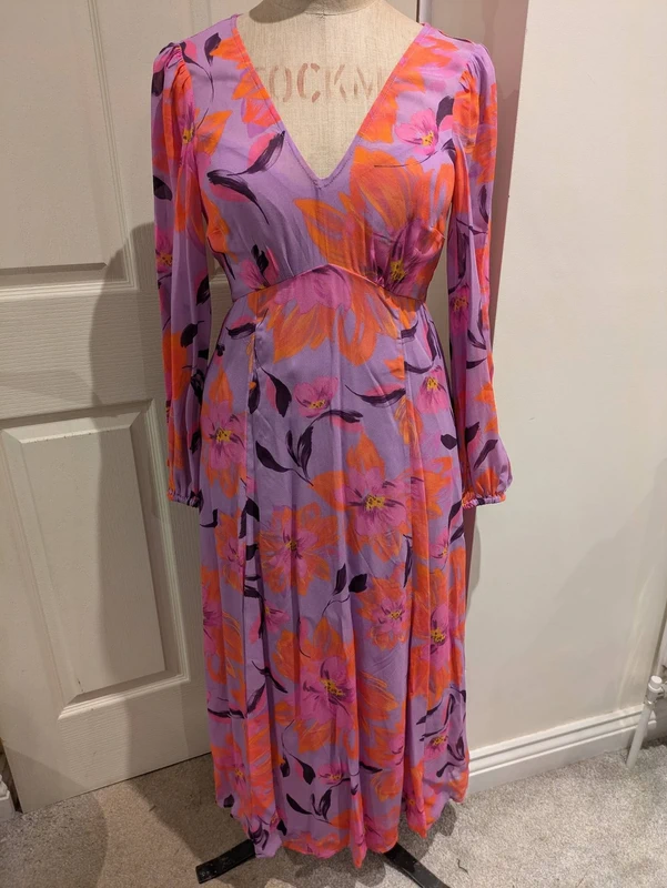 Monsoon purple & orange long summer dress, Size 8, RRP £125, zip up floral, New with tags