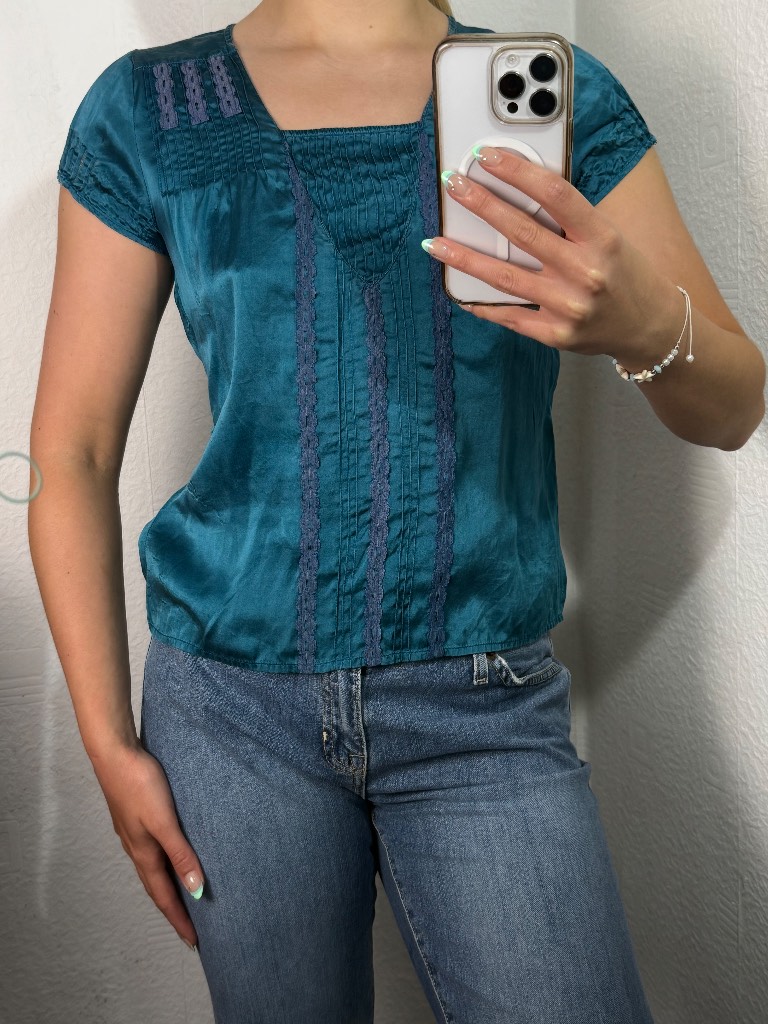 Gorgeous Teal Silk Blouse with Lace Detail