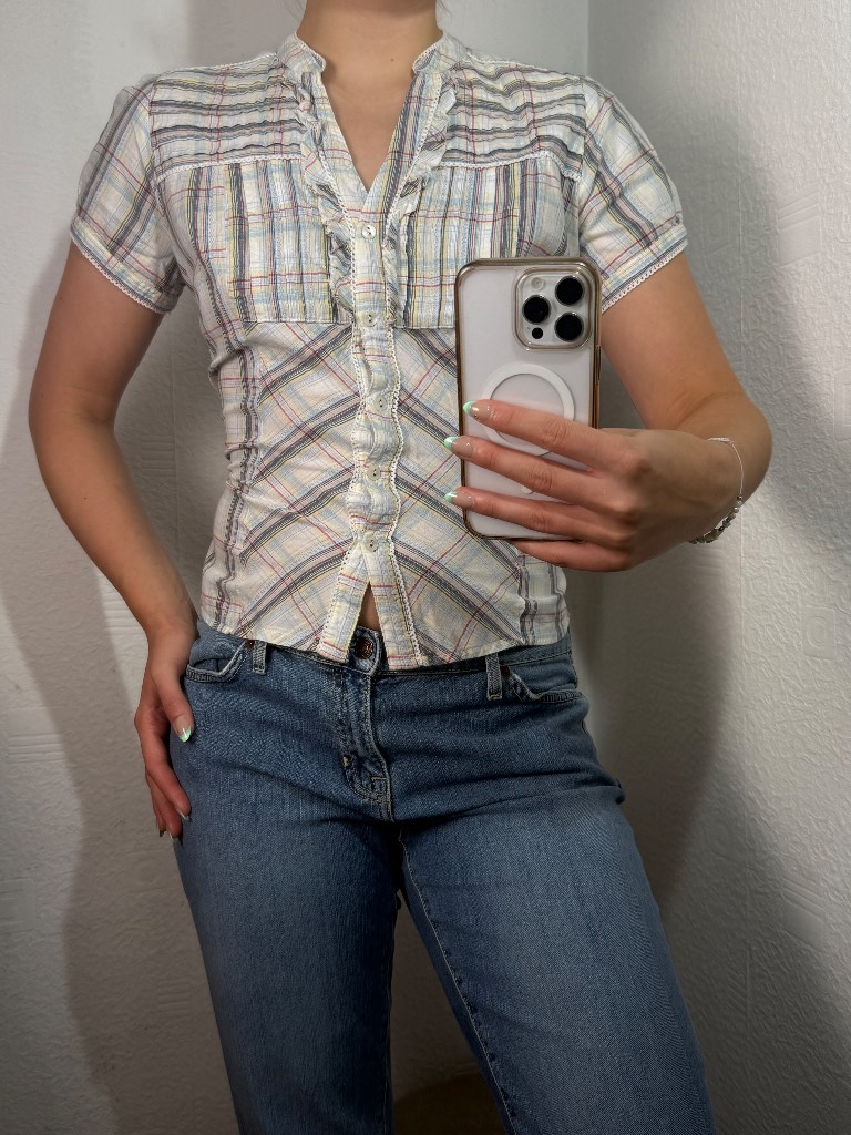 Y2K plaid ruffle front blouse