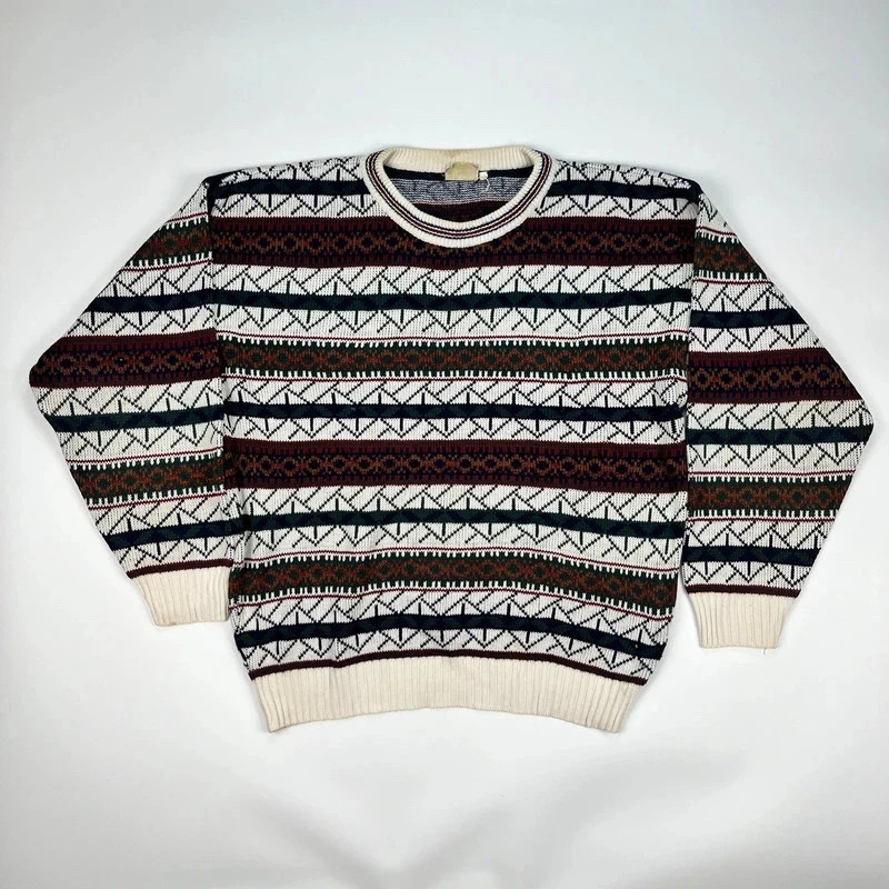 Knitted Crewneck Jumper Mens Large White Brown Patterned Sweater
