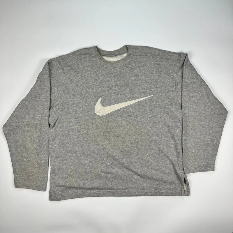 Vintage 90s Nike Sweatshirt Jumper Mens Large Grey Boxy Baggy Fit Embroidered Centre Logo Cotton
