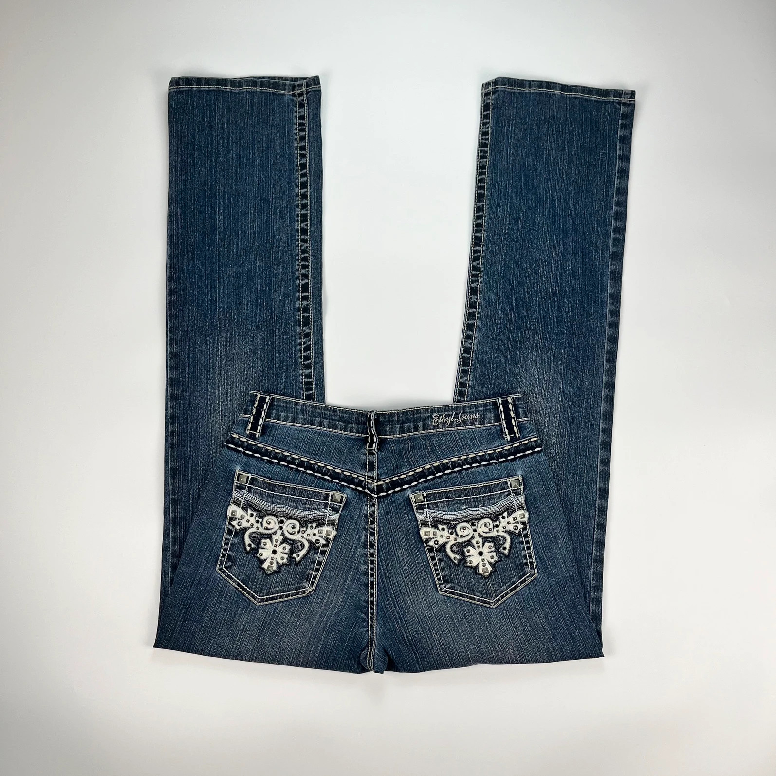 Vintage Jeans Womens 8 W30 L34 Y2K Blue Midrise Straight Rhinestone Cross