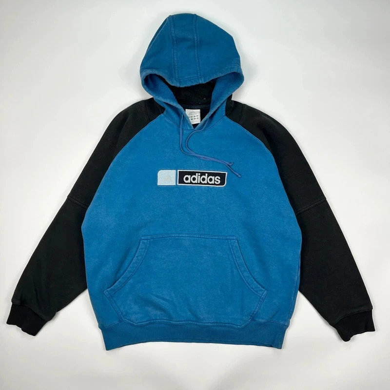 Vintage Adidas Hoodie Mens Medium Black Blue Retro Y2K Sweatshirt Pullover
