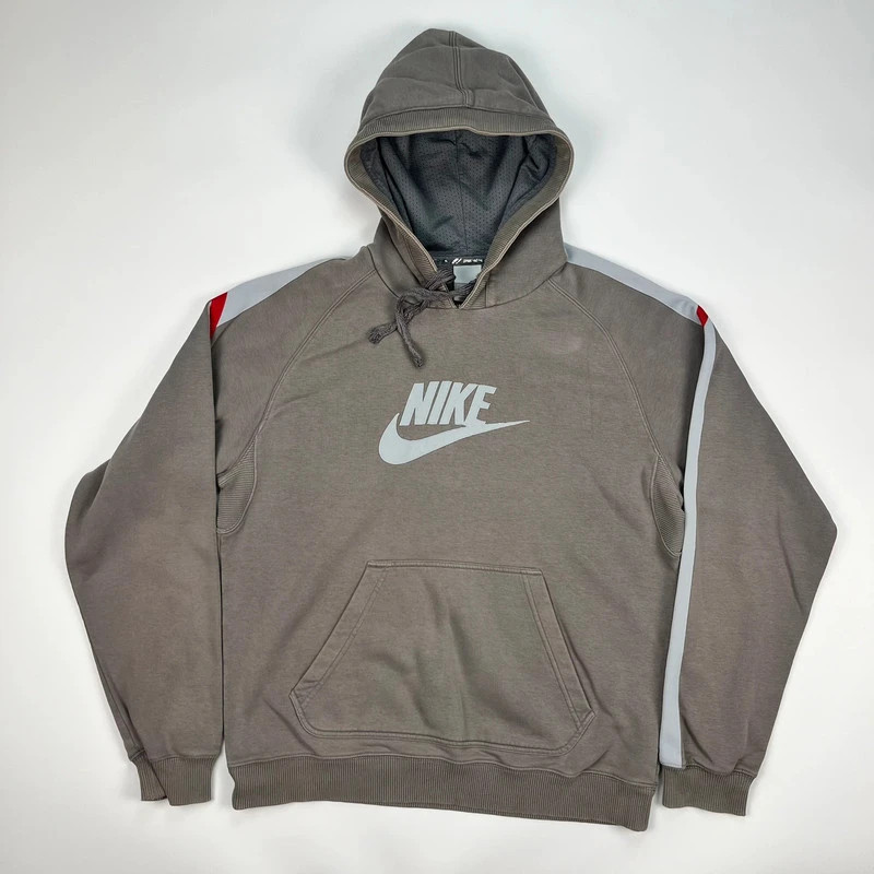 Vintage Y2K Nike Hoodie Mens Medium Grey Embroidered Swoosh Pullover Silver Tag