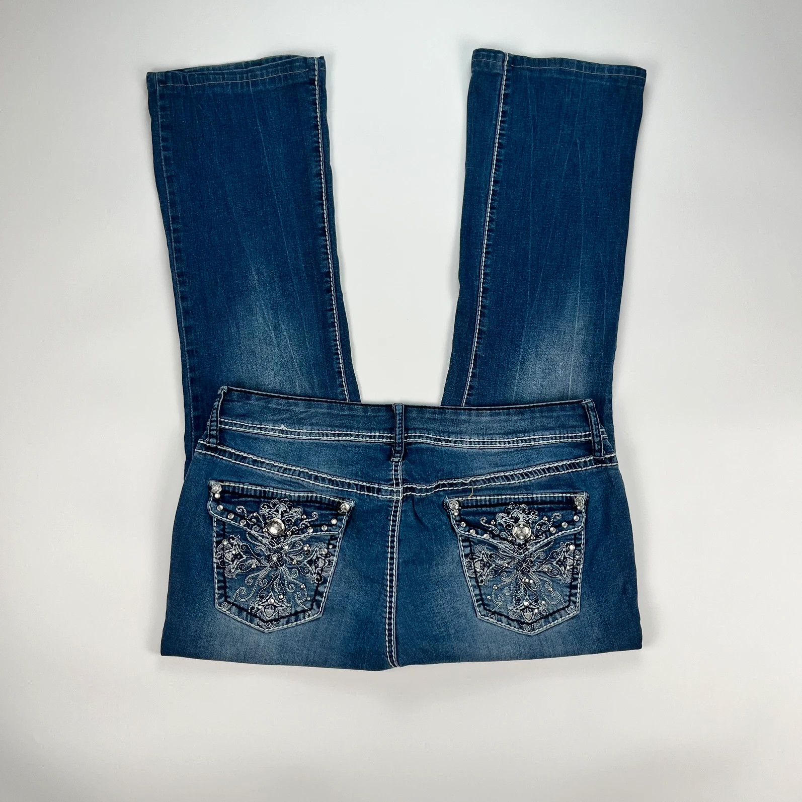 Vintage Jeans Womens 14 W33 L28 Y2K Blue Midrise Bootcut Flared Gem Embroidered