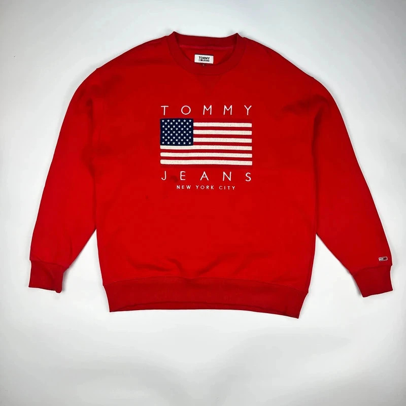 Tommy Jeans Sweatshirt Men’s Large Red USA Flag Embroidered Logo