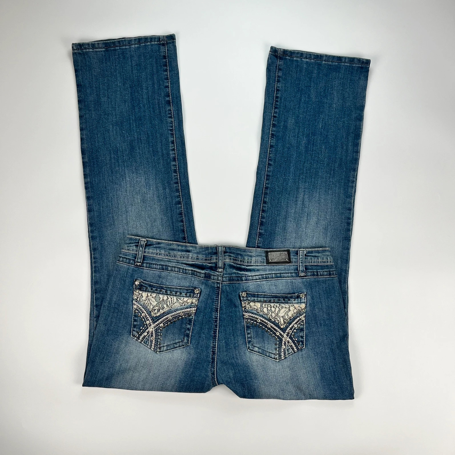 Vintage Jeans Womens 12 W34 L32Y2K Blue Midrise Bootcut Flared Rhinestone