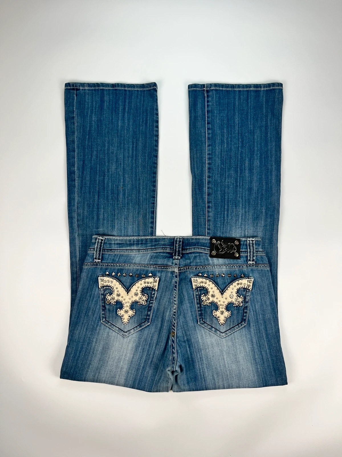 Vintage Jeans Womens 13 W23 L34 Y2K Midrise Bootcut Flared Diamatane Rhinestone