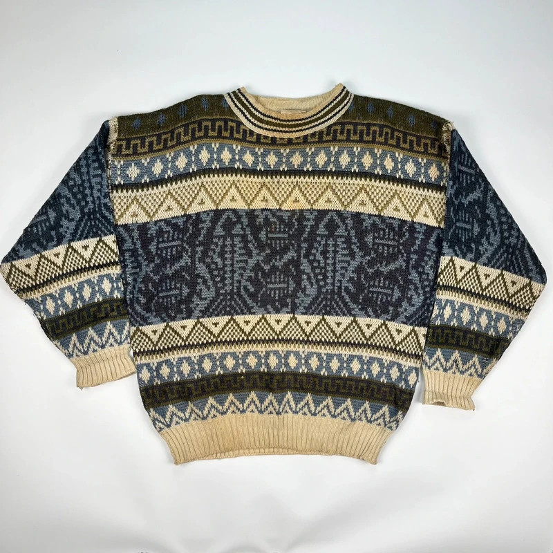 Vintage Knitted Crewneck Jumper Mens Large Cream Blue Patterned Sweater