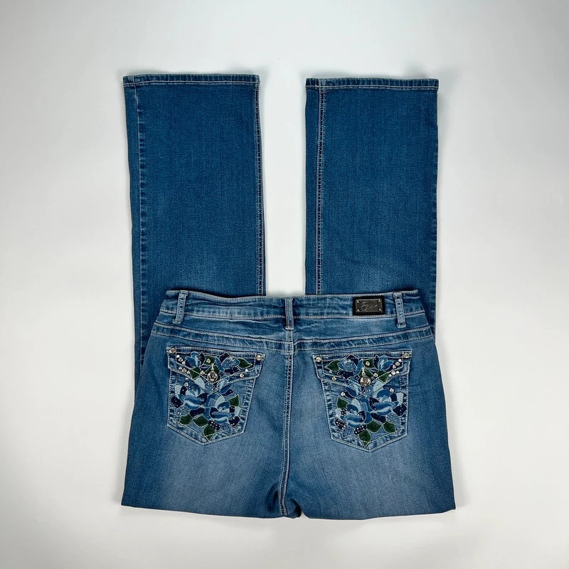 Vintage Jeans Womens 12 W32 L31 Y2K Midrise Bootcut Flared Diamatane Rhinestone