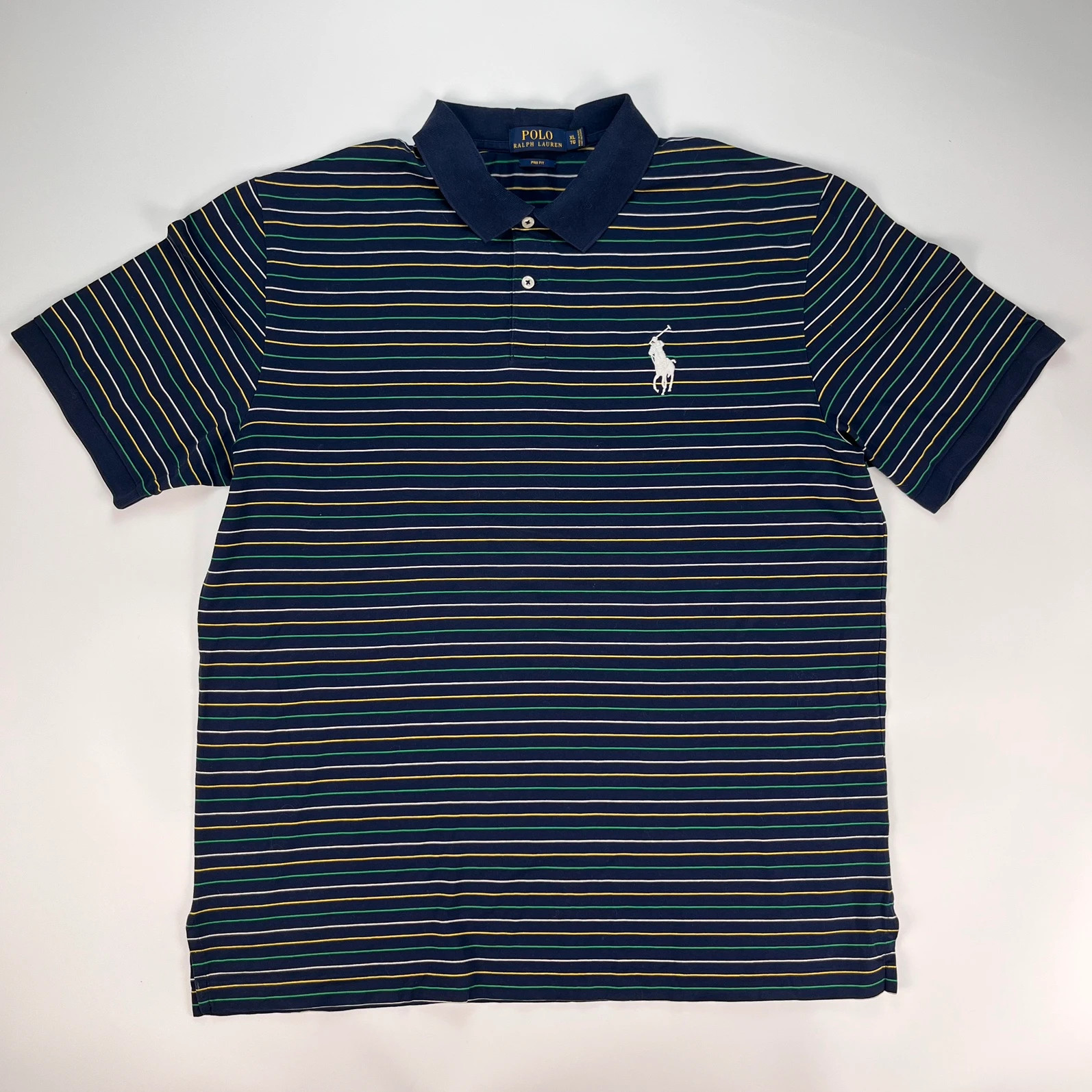 Ralph Lauren Polo Shirt Mens XL Navy Pima Cotton Stripes Golf Short Sleeve