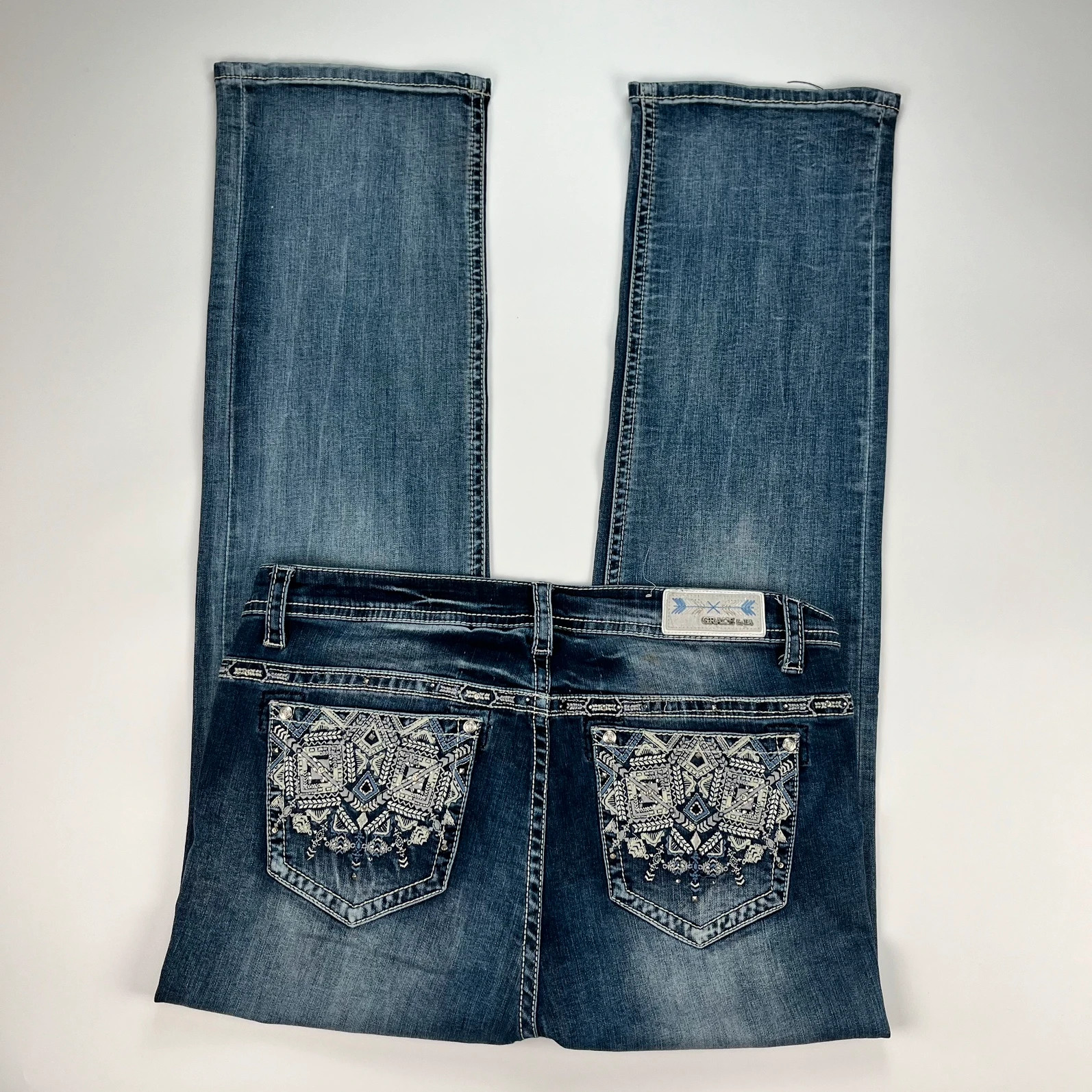 Vintage Jeans Womens 14 W35 L32 Y2K Blue Midrise Straight Embroidered Pockets