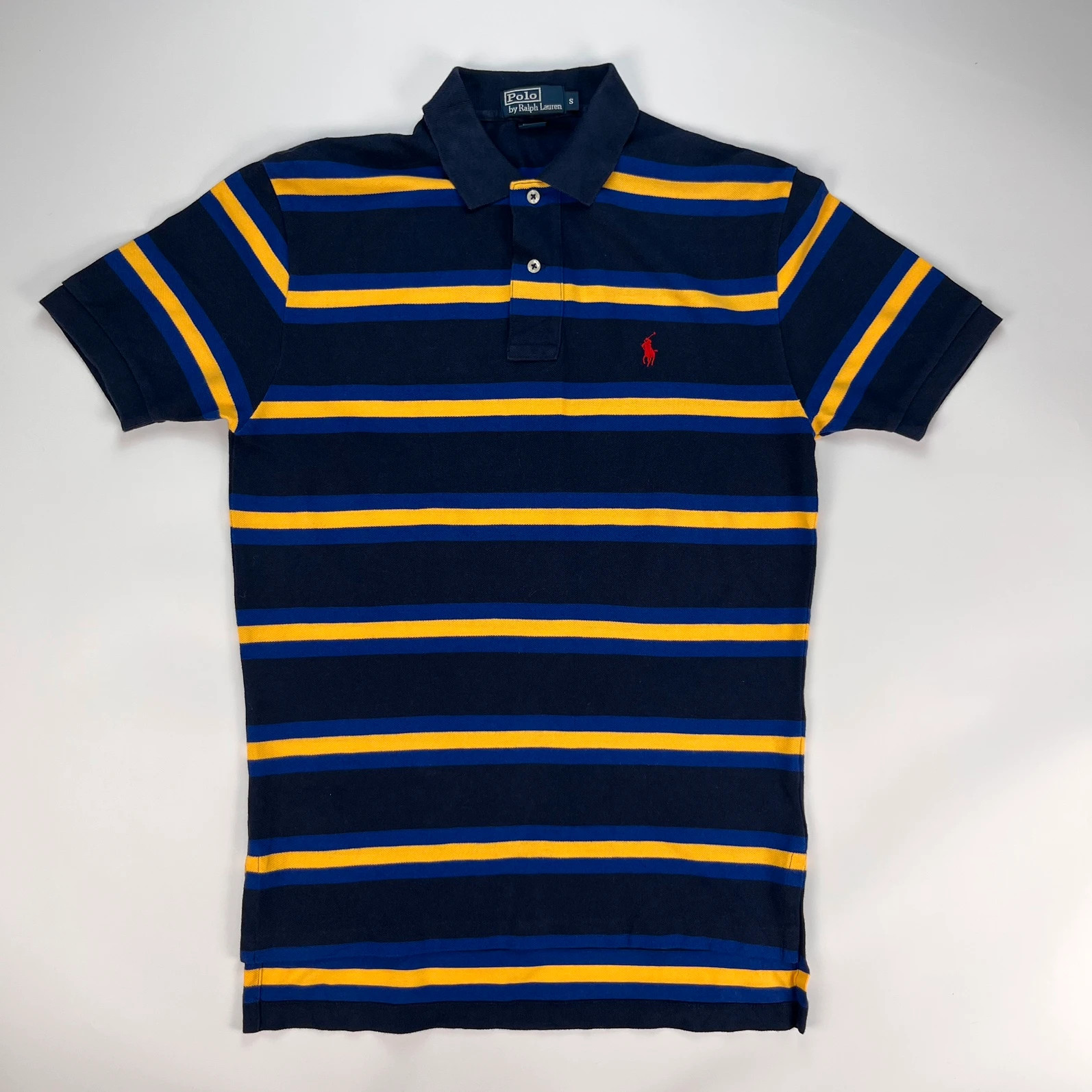 Ralph Lauren Polo Shirt Men’s Small Navy Yellow Striped Short Sleeve Long Tail