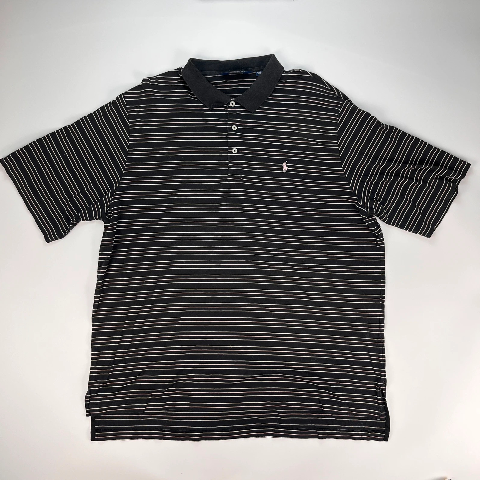 Ralph Lauren Polo Shirt Mens XXL Black White Pink Stripes Golf Polo Short Sleeve