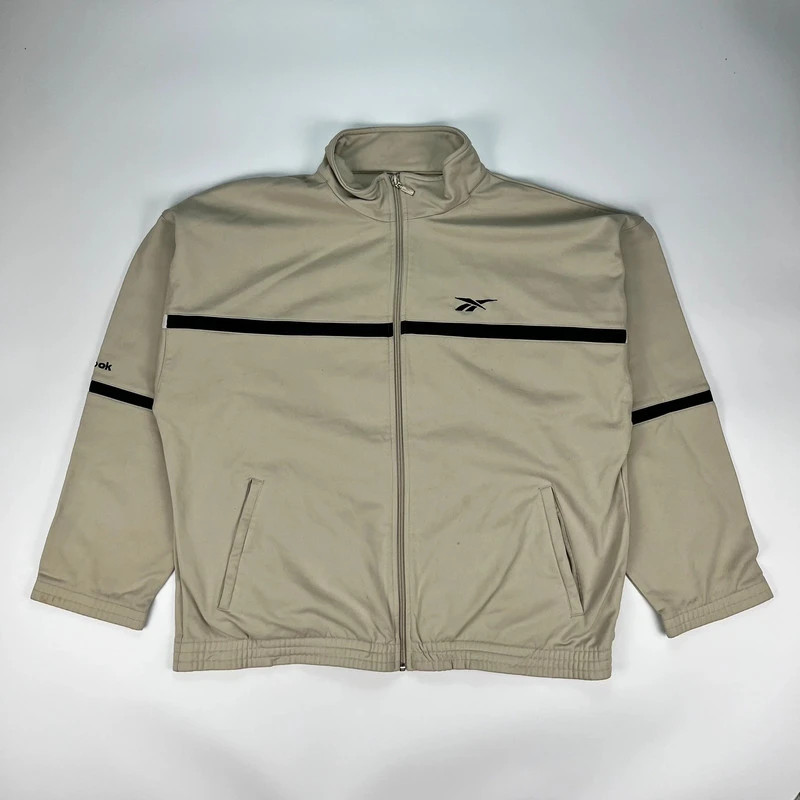 Vintage Reebok Track Jacket Mens Medium Cream Retro Y2K Windbreaker