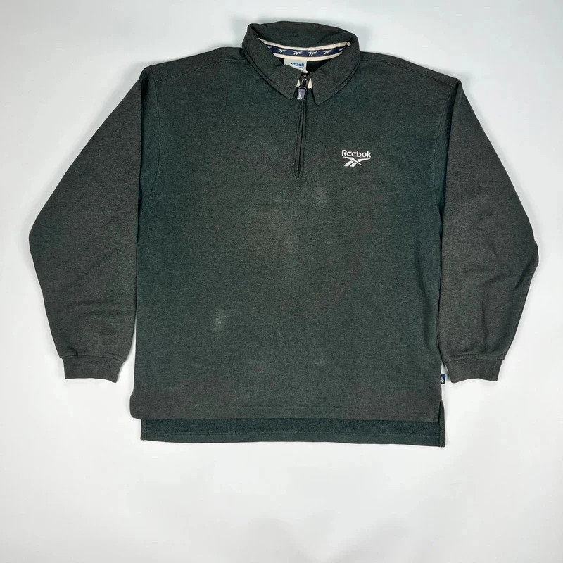 Vintage Y2K Reebok Jumper Mens Medium Grey 1/4 zip Polo Boxy Sweater