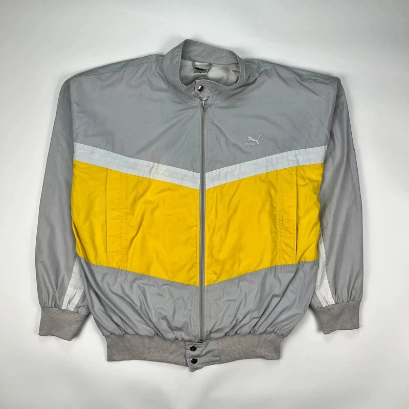 Vintage Puma Track Jacket Mens Medium Grey Yellow Retro 90s Bomber Windbreaker