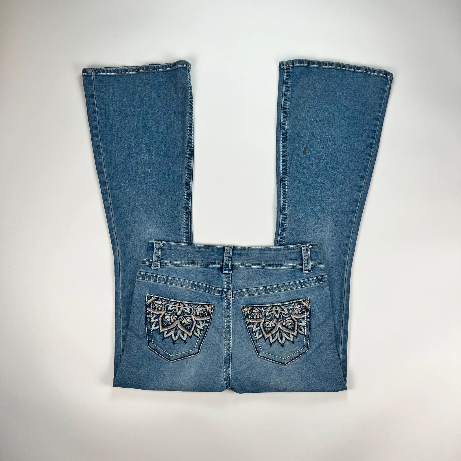 Vintage Jeans Women 11 W31 L32 Y2K Navy Midrise Flared Bootcut Flower Petals