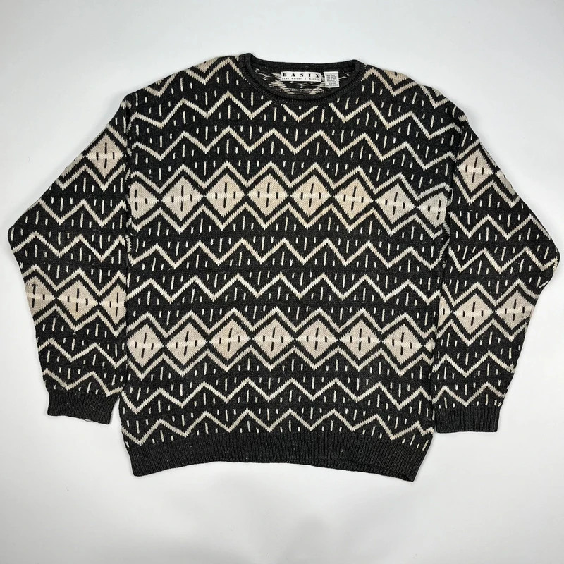 Vintage Knitted Crewneck Jumper Mens Large Black Patterned Sweater