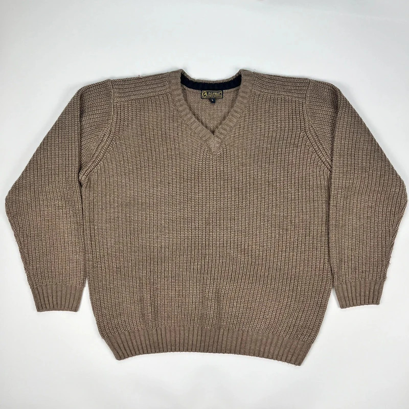 PG Field Knitted Vneck Jumper Mens Large Brown Plain Baggy Sweater