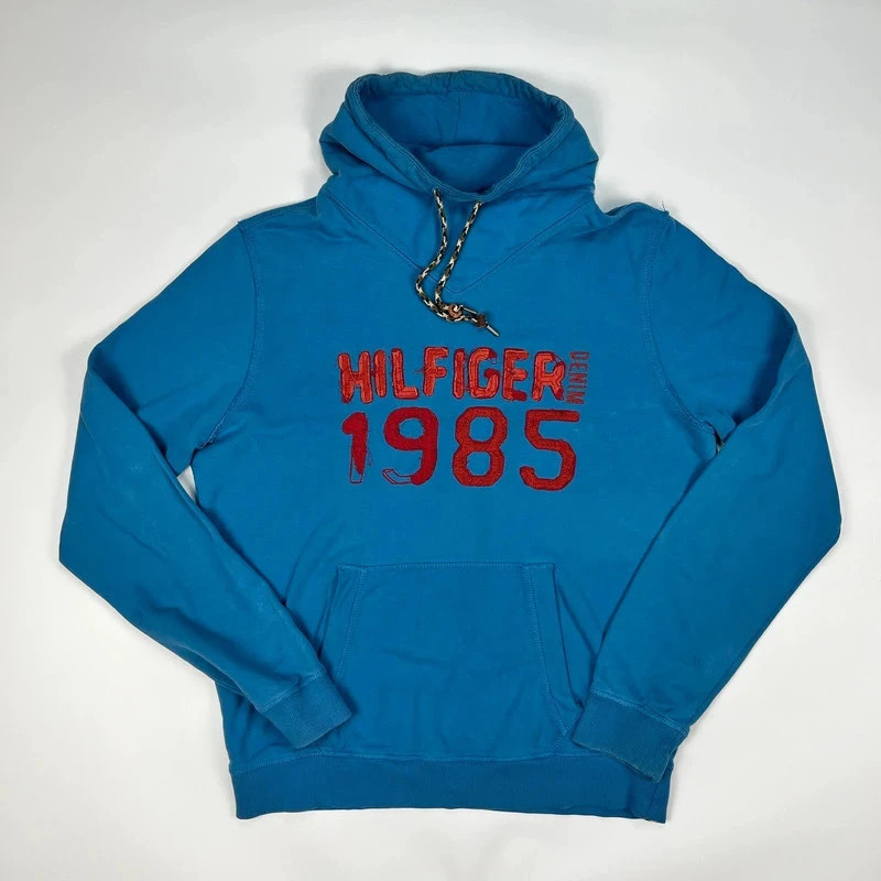 Tommy Hilfiger Hoodie Men’s XL Blue Embroidered Logo 1985 Turtleneck