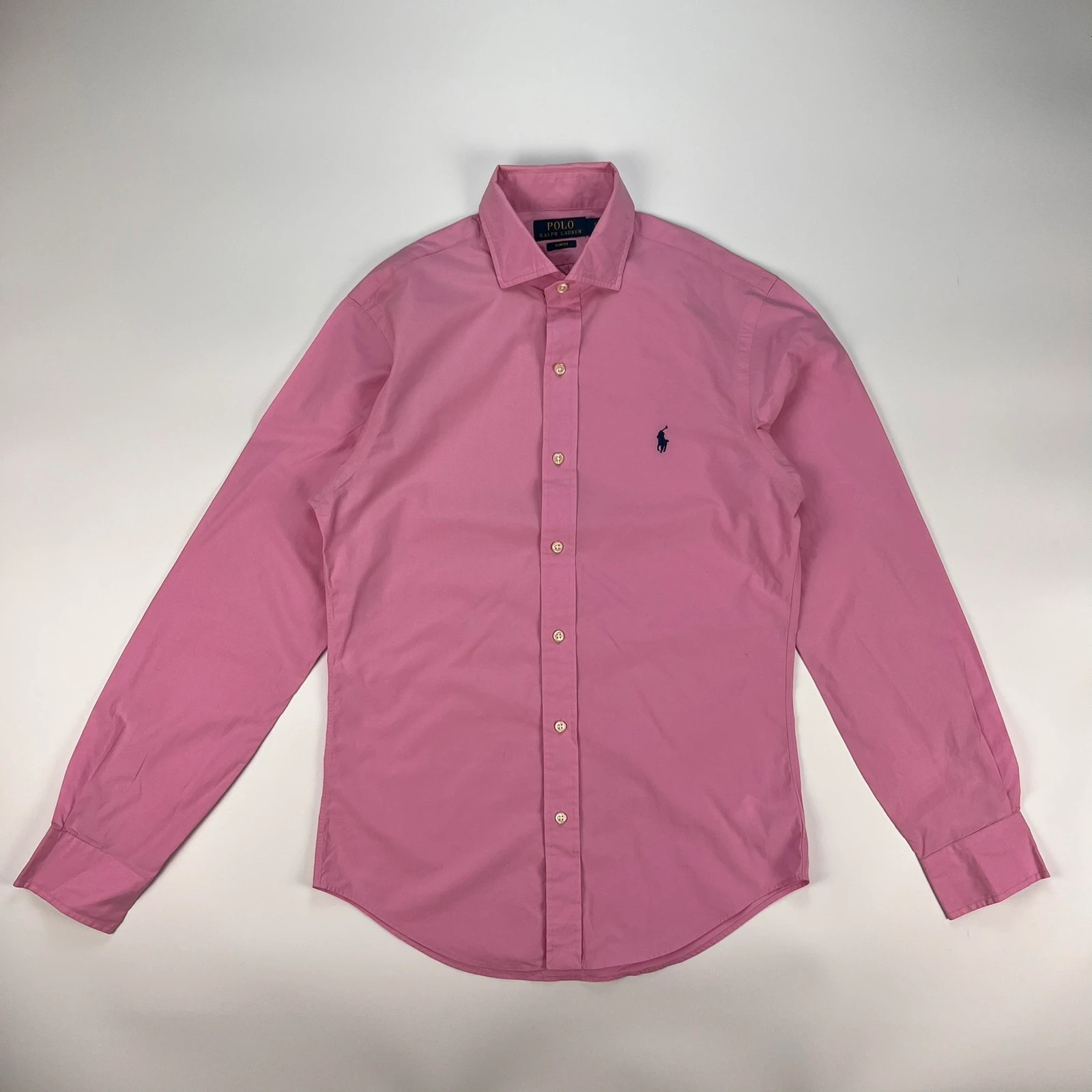 Ralph Lauren Shirt Men’s Small Slim Fit Pink Plain Solid Pink Long Sleeve Shirt