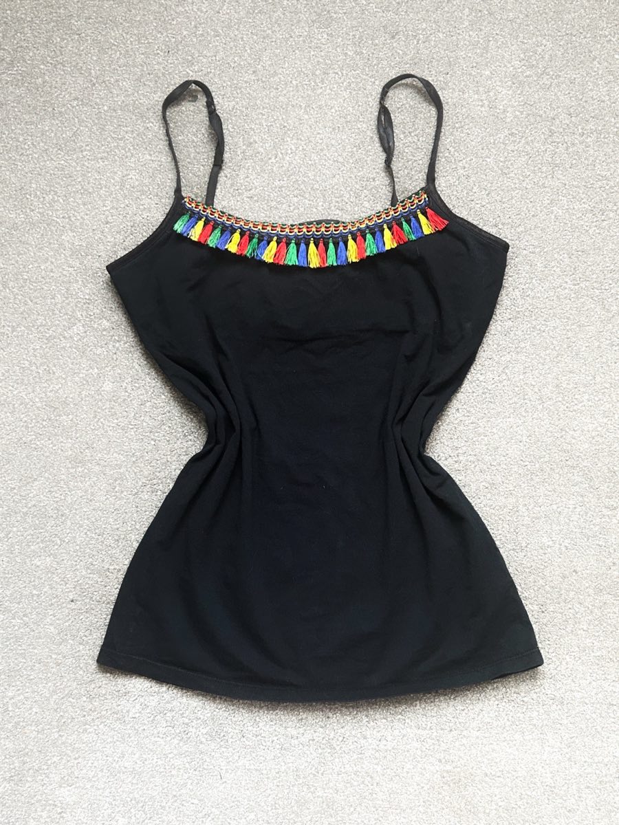 So women’s Colorful Boho Tasseled Black Cotton Cami Top | Size: 12-14uk | US Brand