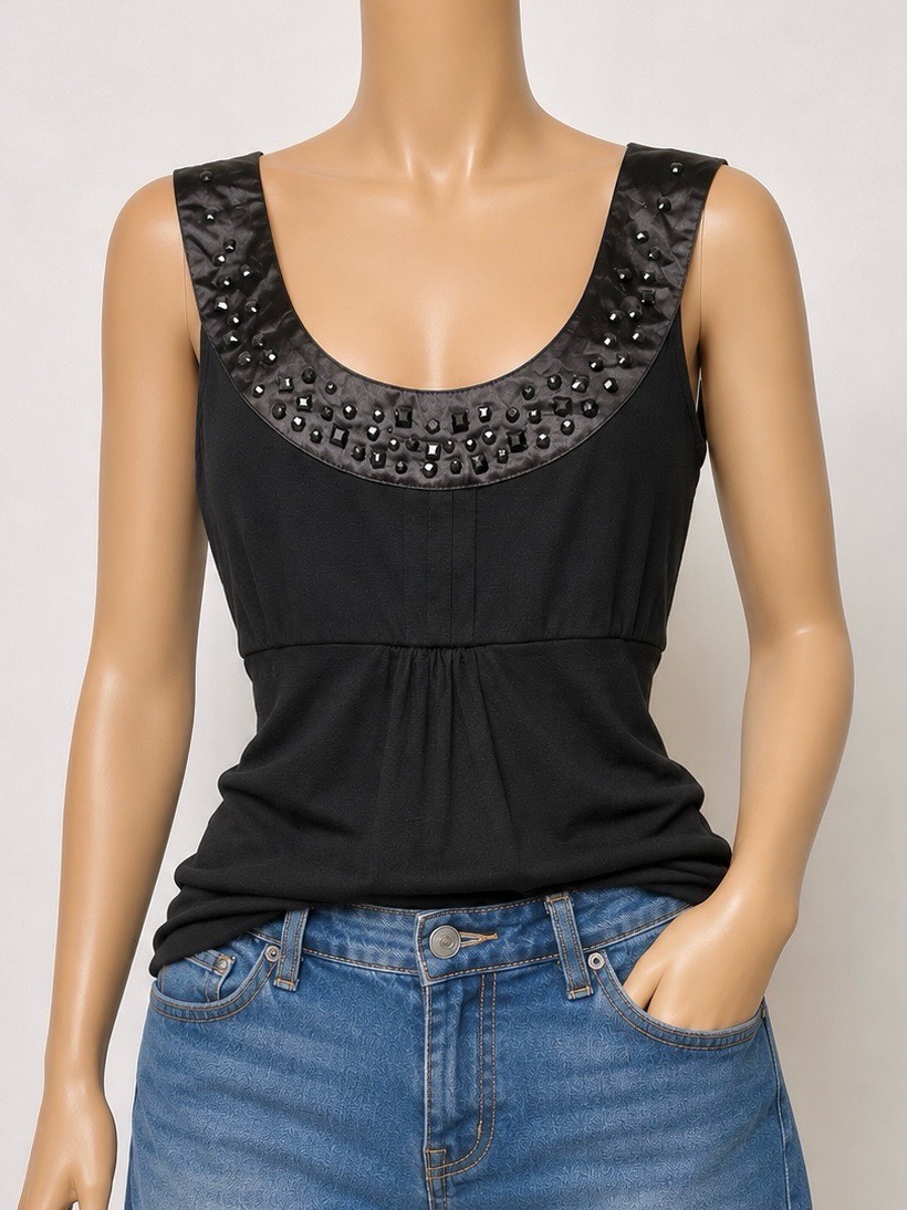 Y2k Black rhinestone Embellished Neck Pleated Black Top | Size: 8-10uk