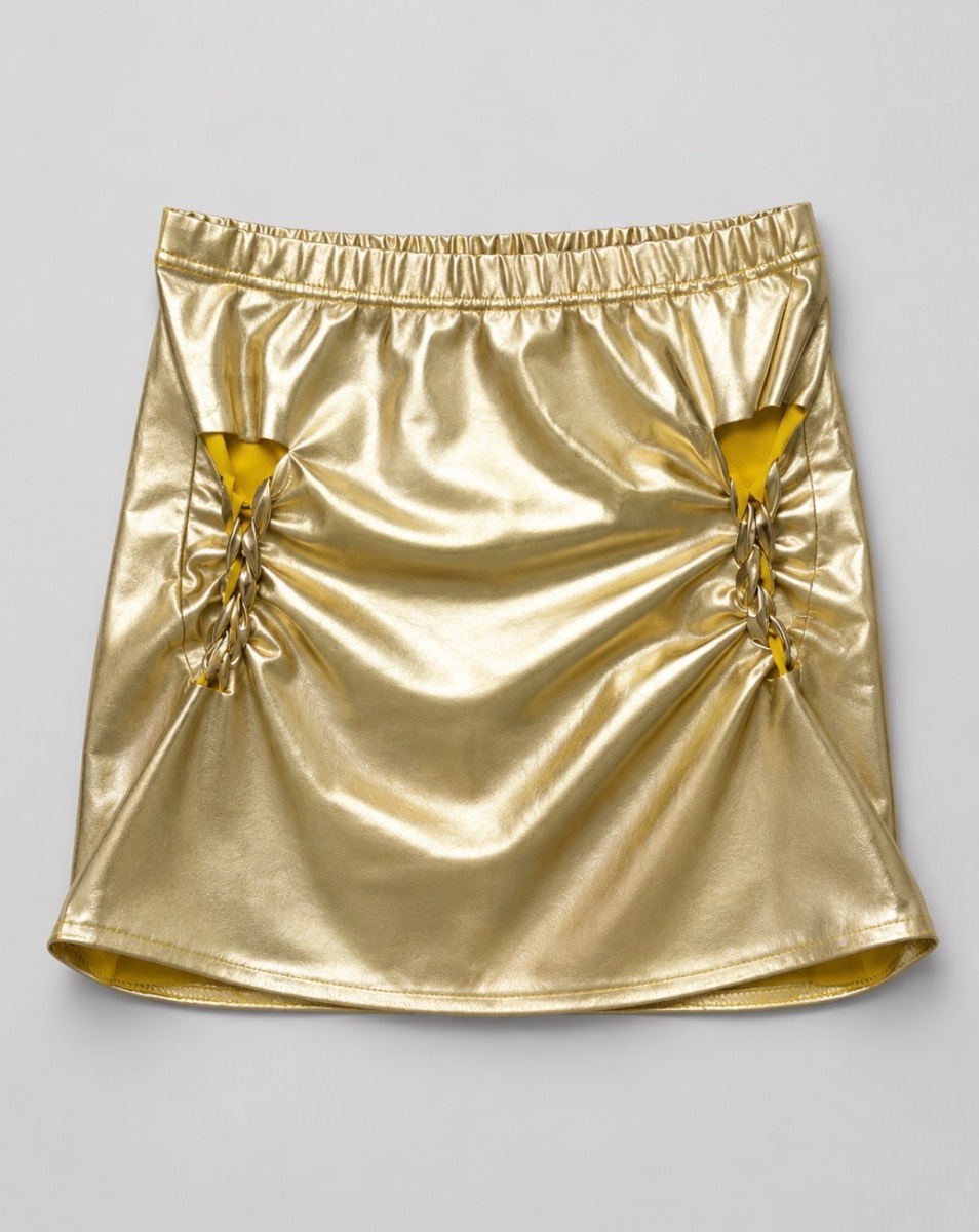 Y2k Glam Metallic Gold Ruched Chain Mini Skirt | Size: Small/ 8uk