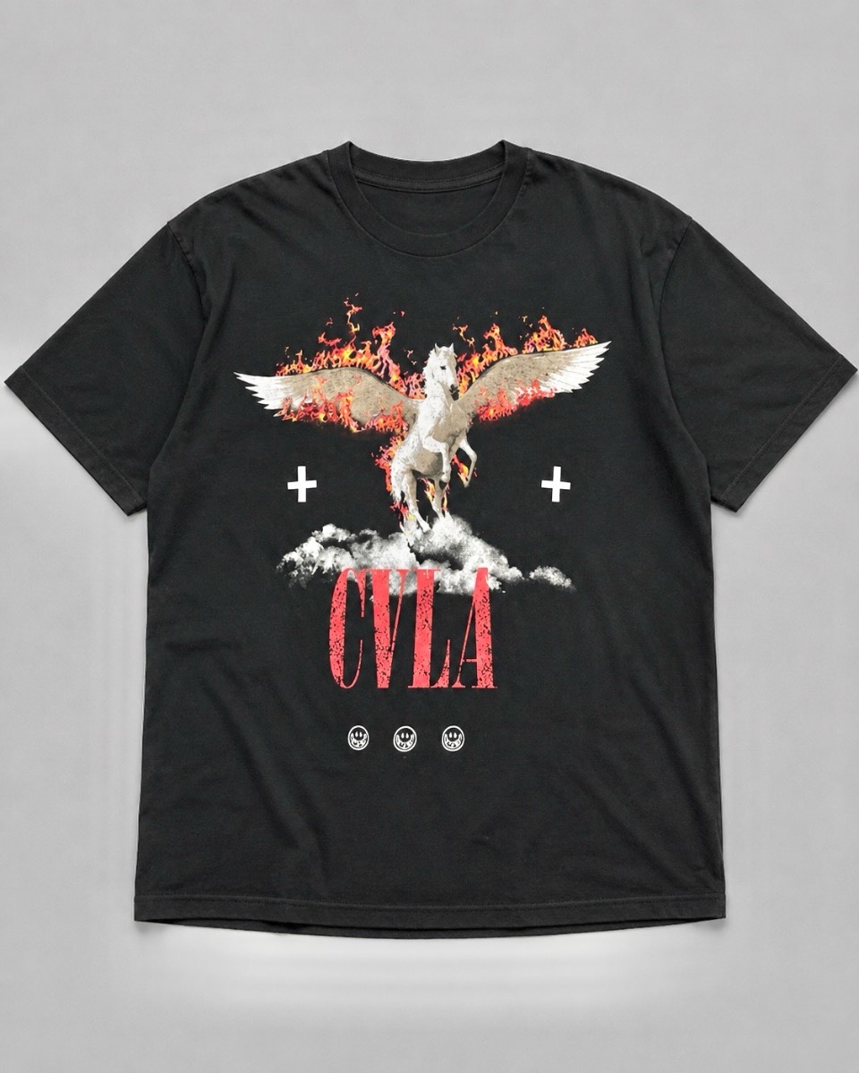 CVLA "Pegasus On Fire" Printed Men's / Unisex 100% Cotton Black Tshirt | Size: XL
