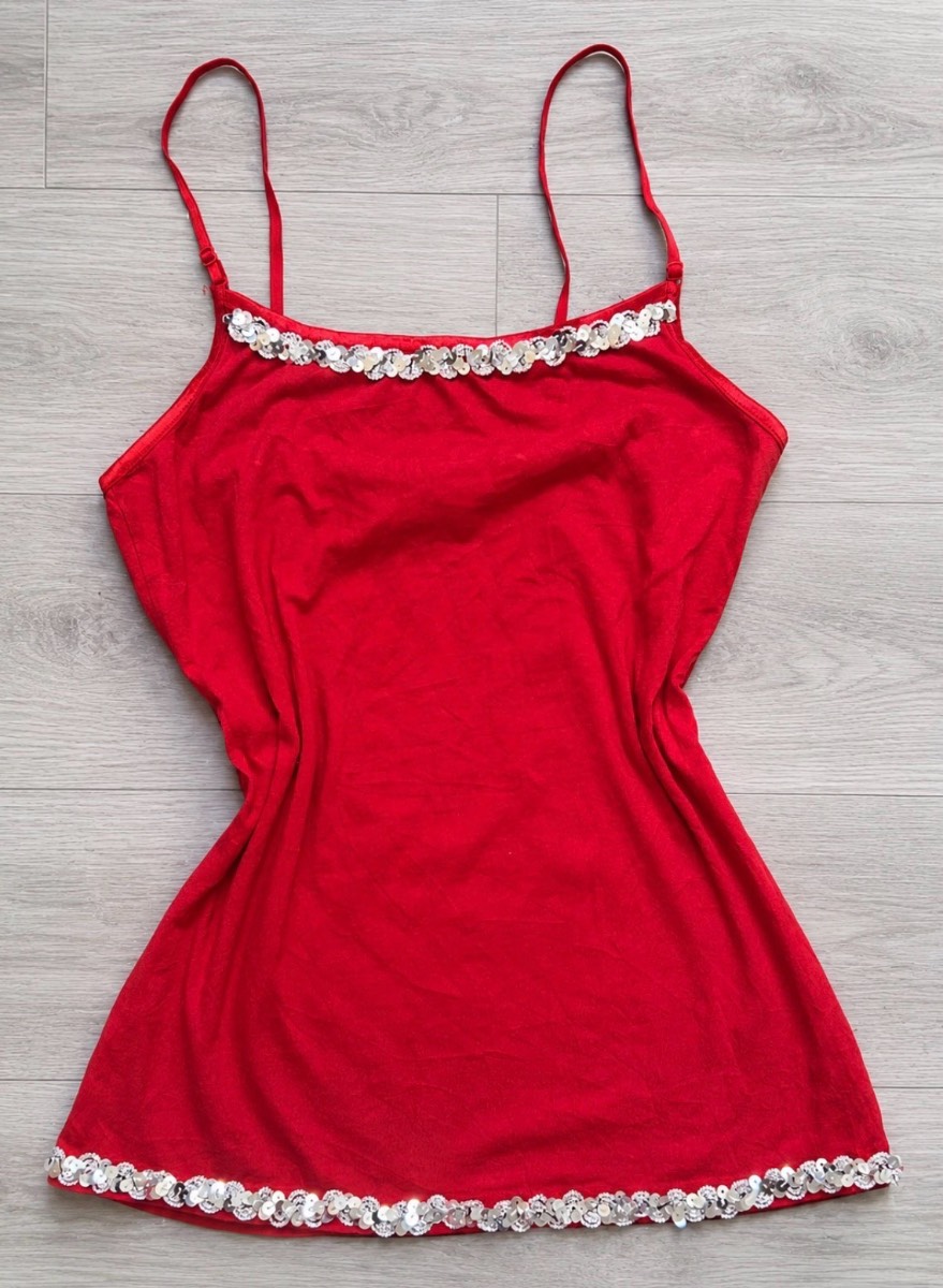 Ambiance Women’s Sequin Laced Neckline Red Cotton Summer Cami Top | Size: L(US) / 12-14uk