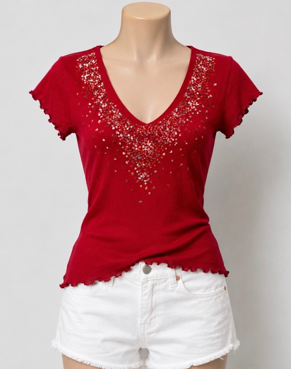 Y2k 2000s Ibiza style Coquette Sequin Neckwork Red Top | Size: 12uk