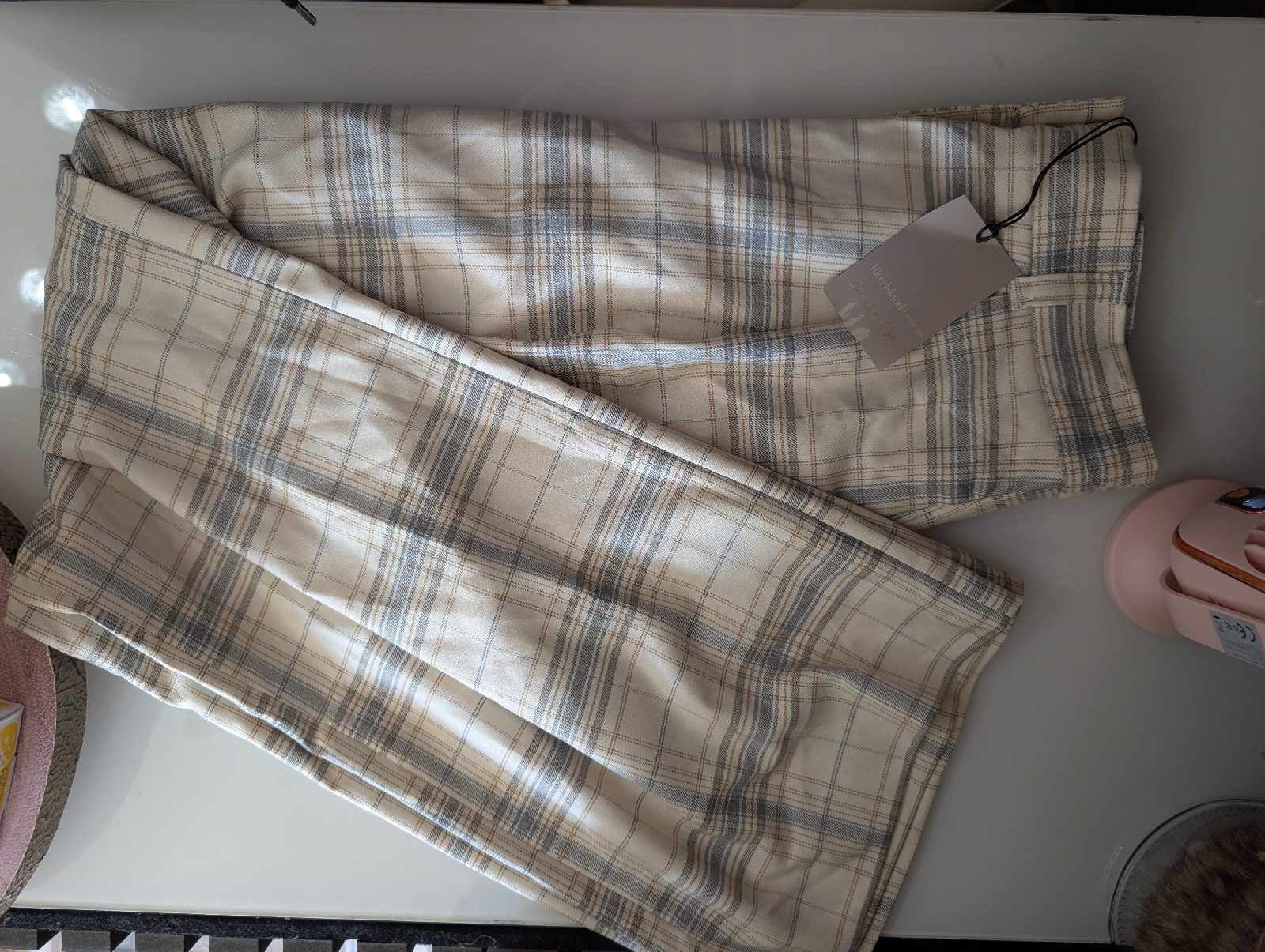 River island beige checked wide-leg trousers  size 8 uk