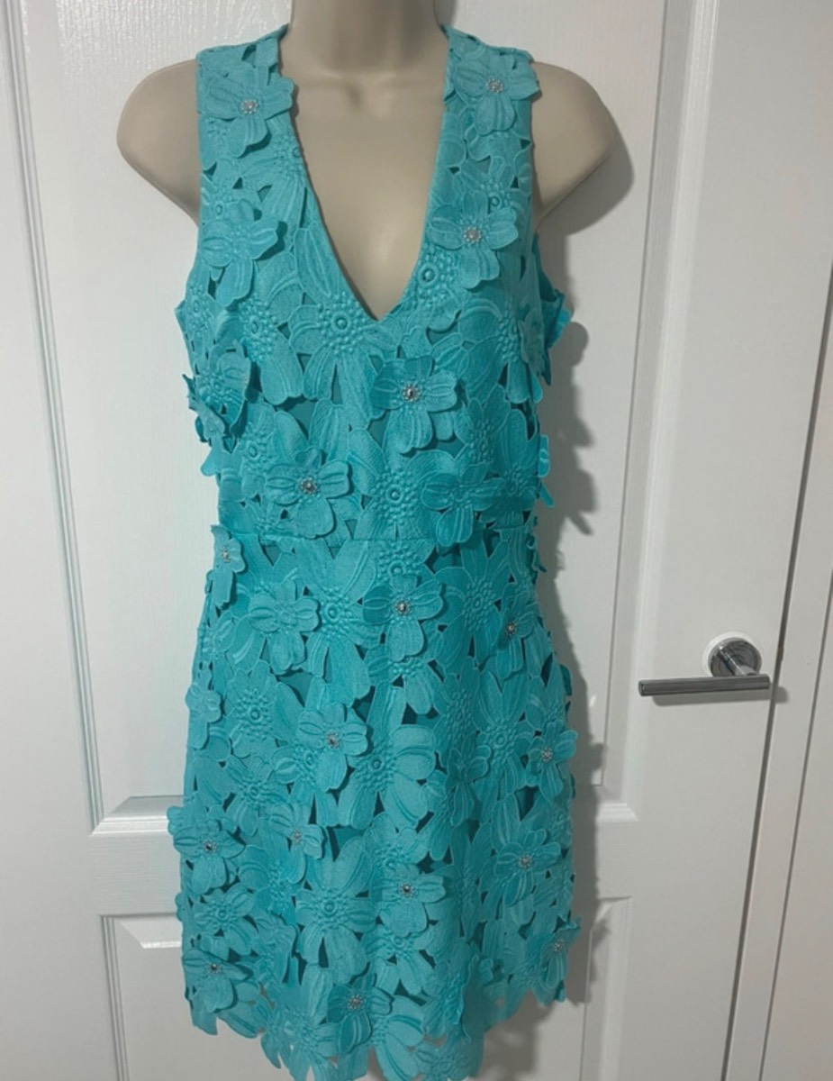 Michael Kors Teal 3D Floral Appliqué Dress – Size UK 4 / US 0