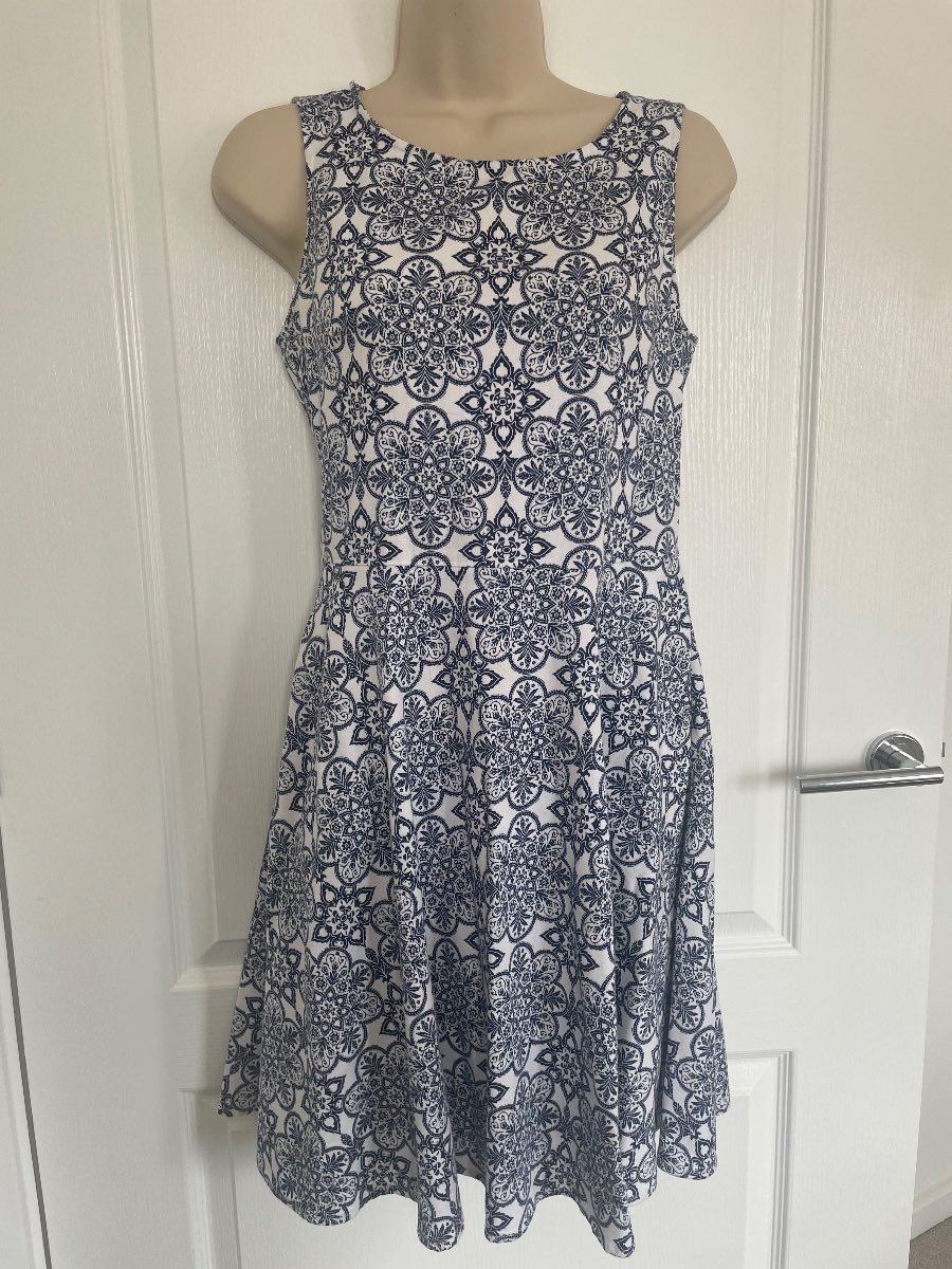 Apricot Dress UK 10 Tile Print Skater Dress With Pockets Blue White Fit And Flare Summer Holiday
