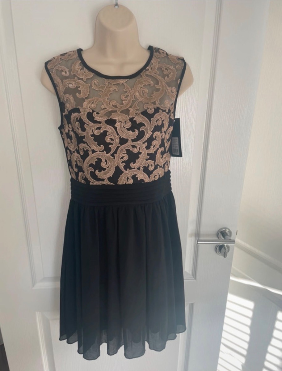 Black Gold Dress UK 10 BNWT Baroque Lace Illusion Neckline Fit And Flare Occasion Cocktail Party Wed