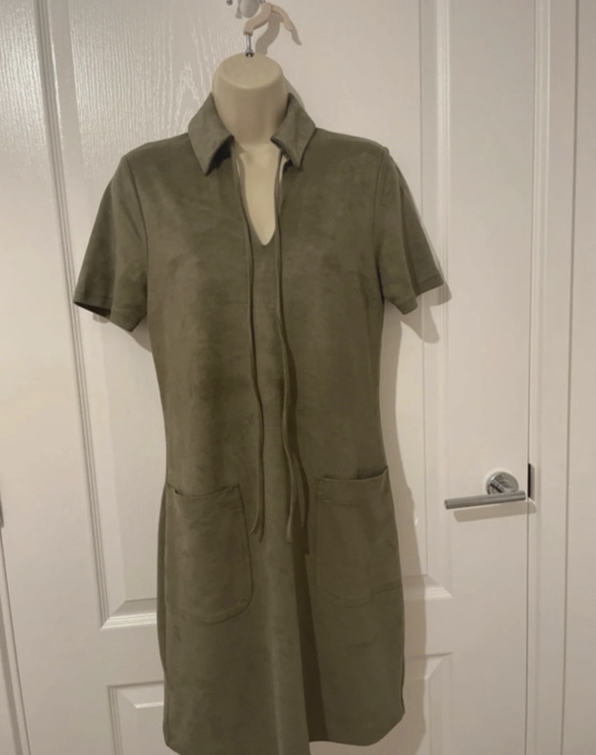 M&S Limited Edition Faux Suede Dress UK 6 Khaki Green Shirt Dress Pockets 70s Mini Autumn