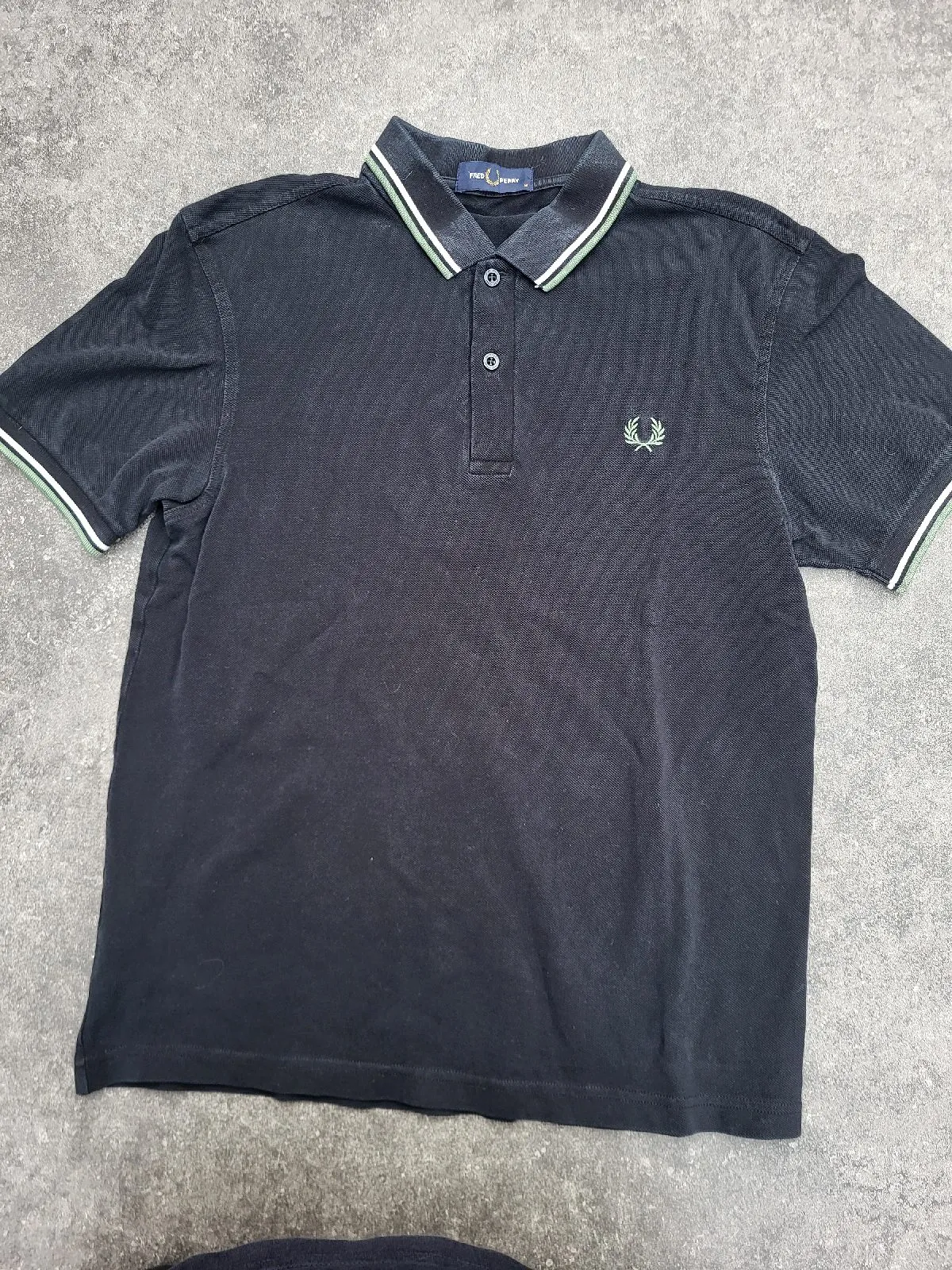 Fred Perry Navy Polo Shirt | Size M | Green White Trim | 100% Cotton Pique