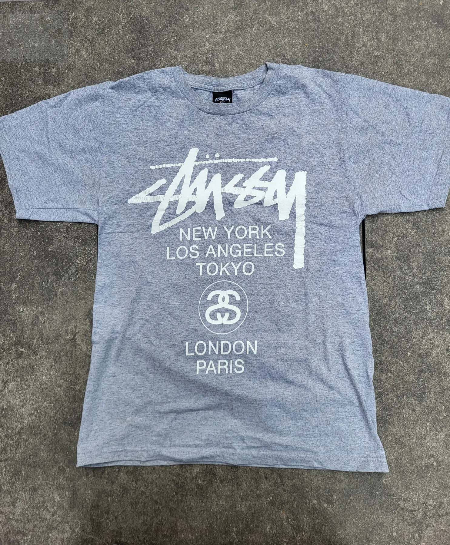 Stussy World Tour Logo T-Shirt Grey Marl  Size Small