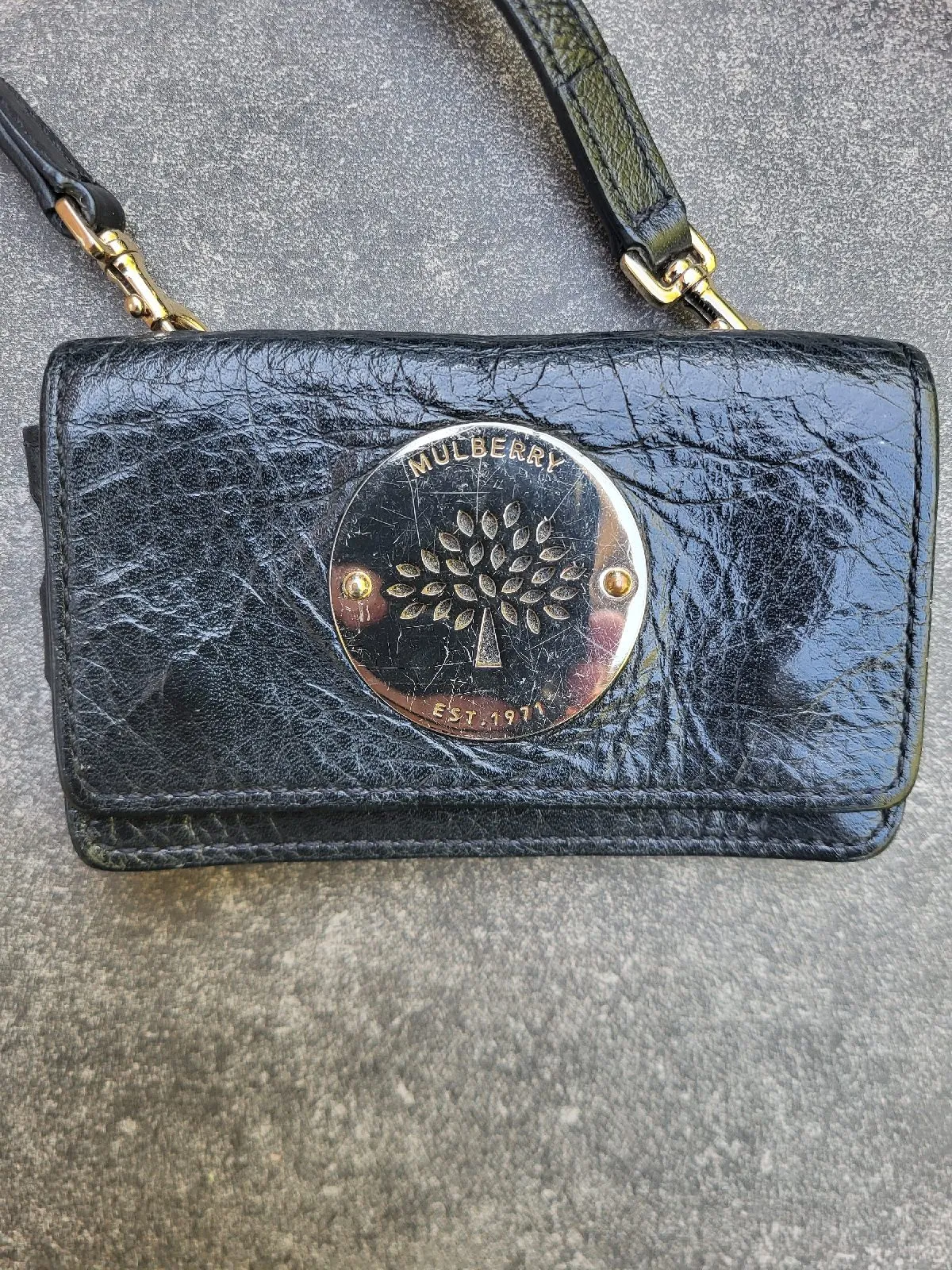 Authentic Mulberry Black Leather Mini Crossbody Bag |Classic Tree Logo