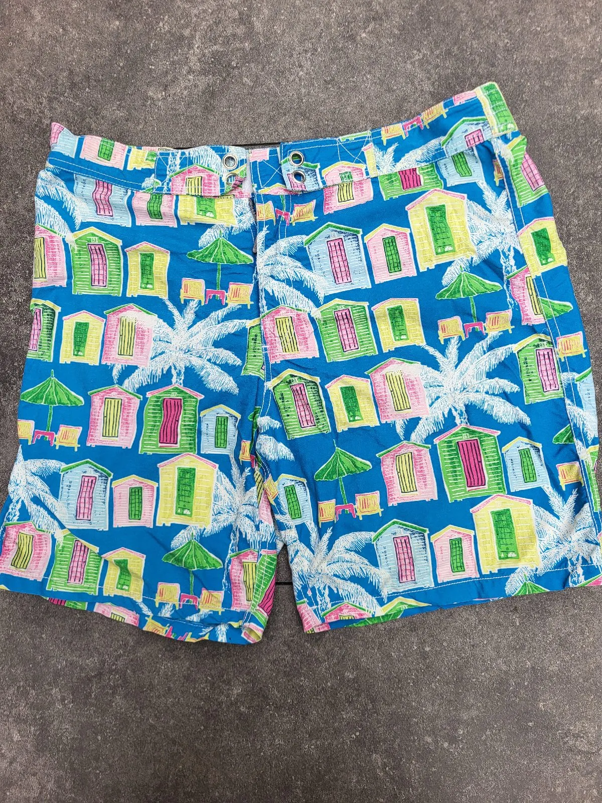 Vilebrequin Swim Shorts Men’s L  Colourful Beach Hut Print •Blue Nylon