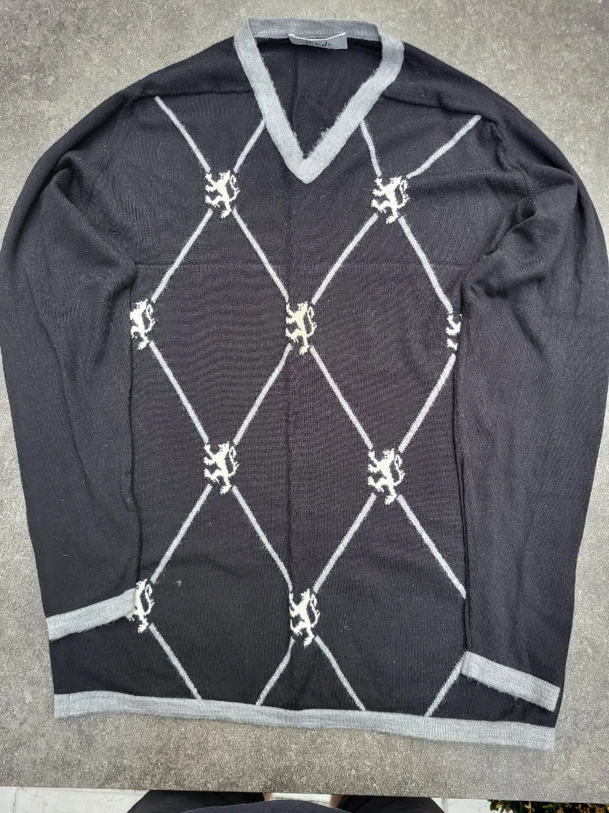 Pringle of Scotland XL Merino Wool Jumper Black Argyle Lion V-Neck