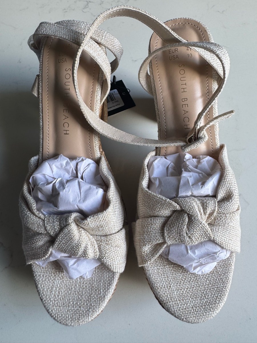 BNWT South Beach Bow Platform Espadrilles | UK 8 / EU 41 | Natural Woven Block Heels